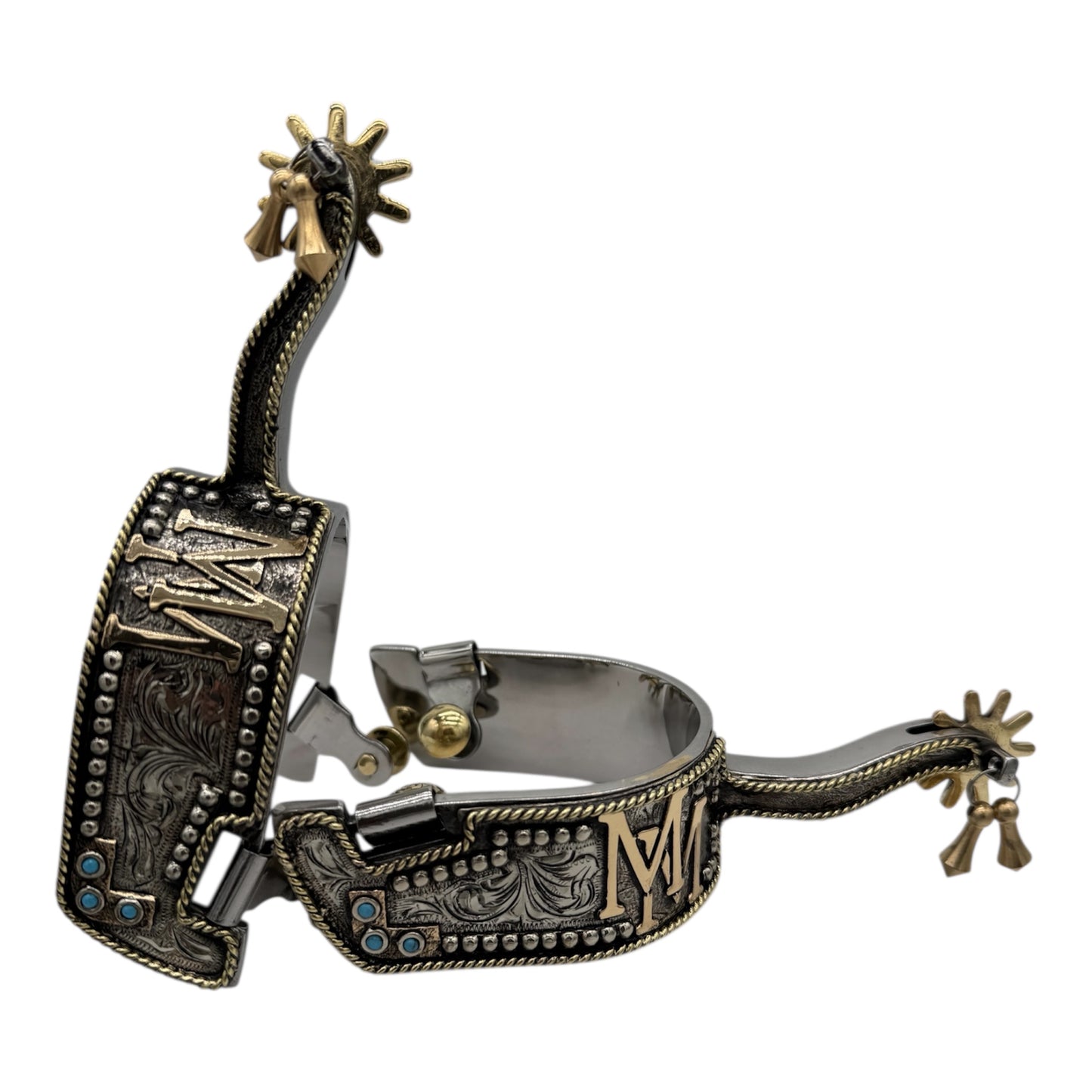 Custom Antique Silver Spurs with Gold Initials